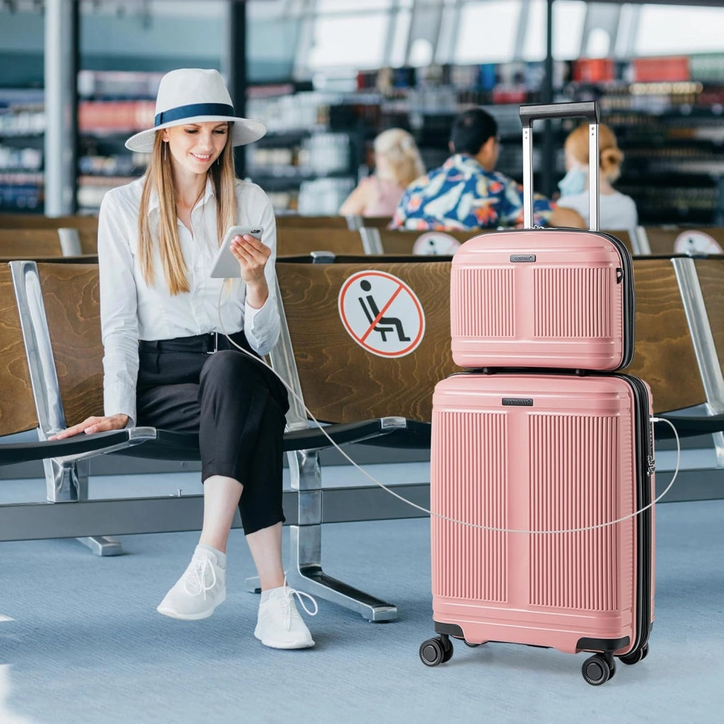 Valigia Bagaglio a Mano 20" con Beauty Case da Viaggio 14", Trolley Bagaglio a Mano con Lucchetto TSA, Porta USB, Ruote Girevoli e Manico Regolabile (Con Beauty + Rosa)