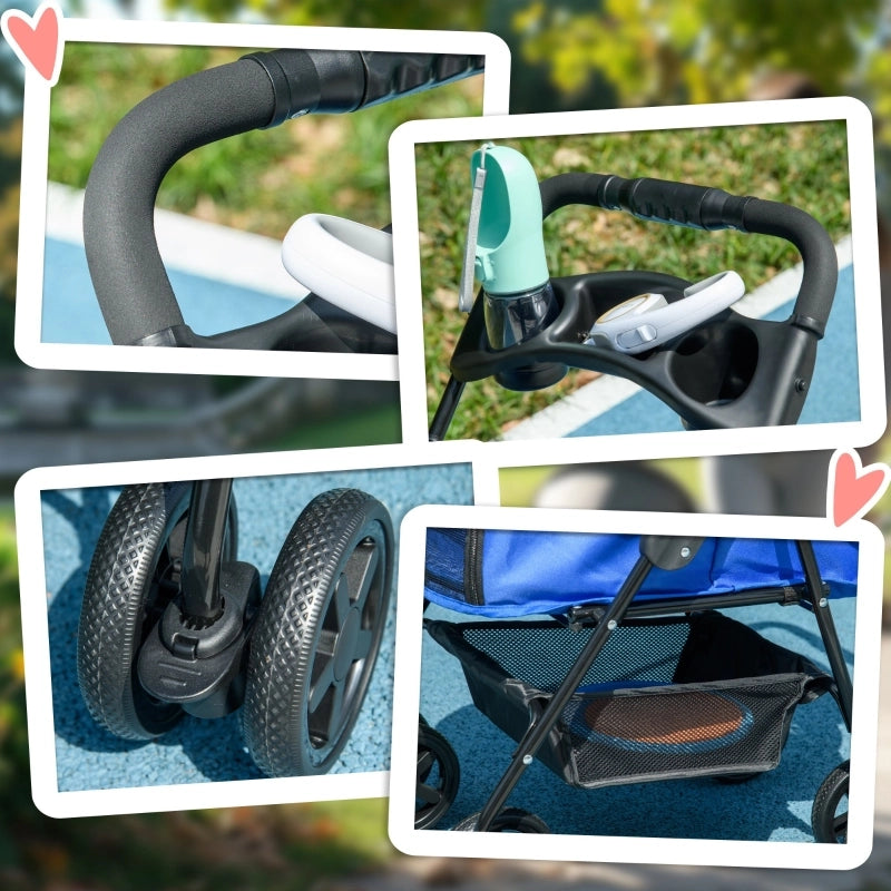 Carrello pieghevole per cani e gatti con quattro ruote doppie e freni in tessuto oxford blu 67 × 45 × 96 cm