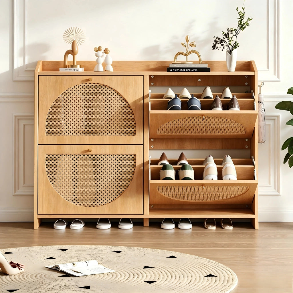 Scarpiera con 4 ante e 8 vani; 2 ganci - per ingresso - 120×24×90 cm - MDF - naturale