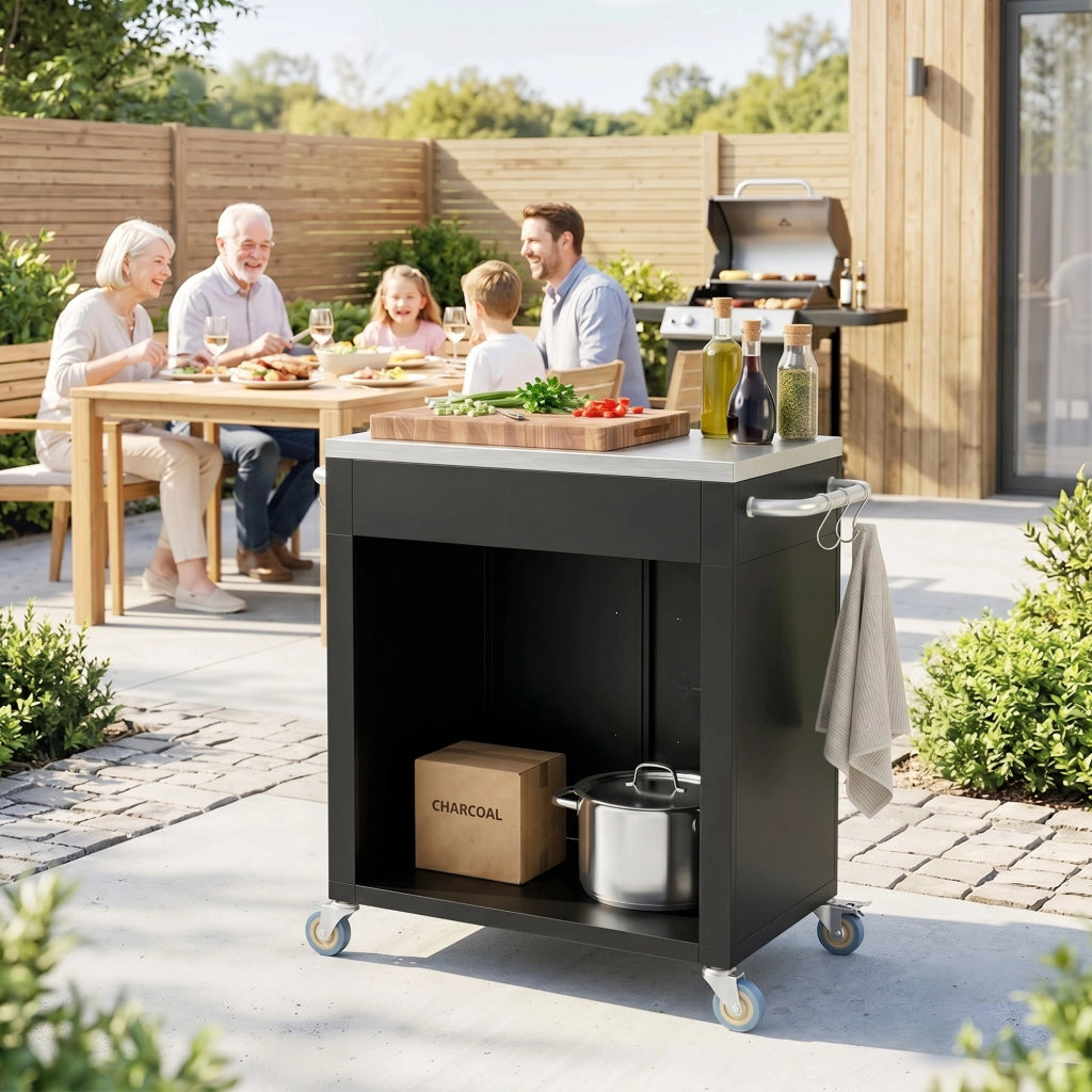 Carrello da Cucina in Acciaio Inox con Armadietto Contenitore e 6 Ganci, 86x50x86.5 cm, Nero
