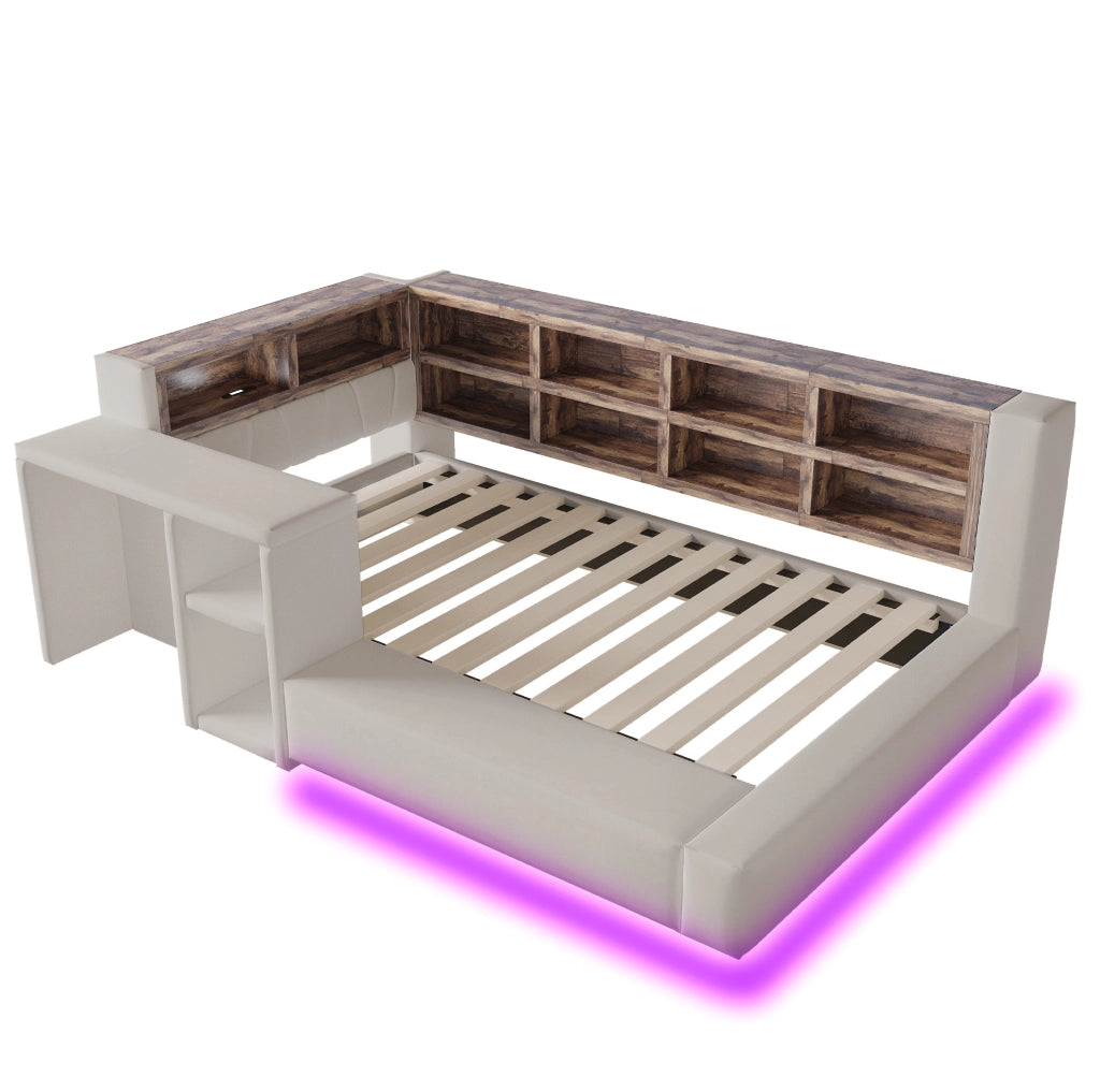 Letto imbottito 90x200 cm con contenitore; LED; prese integrate e comodino; grigio chiaro