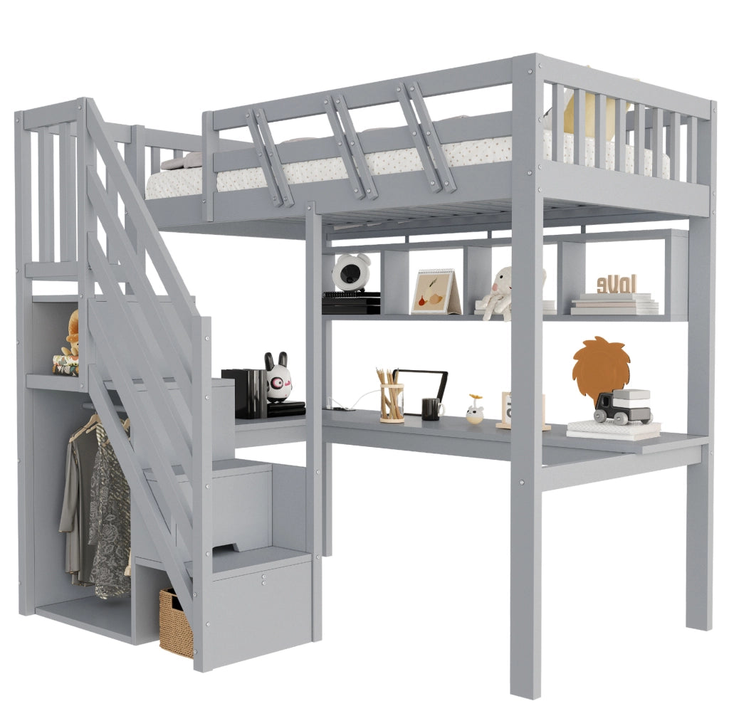 Letto a soppalco per bambini 90x200 cm con scrivania; LED e scala contenitore grigio