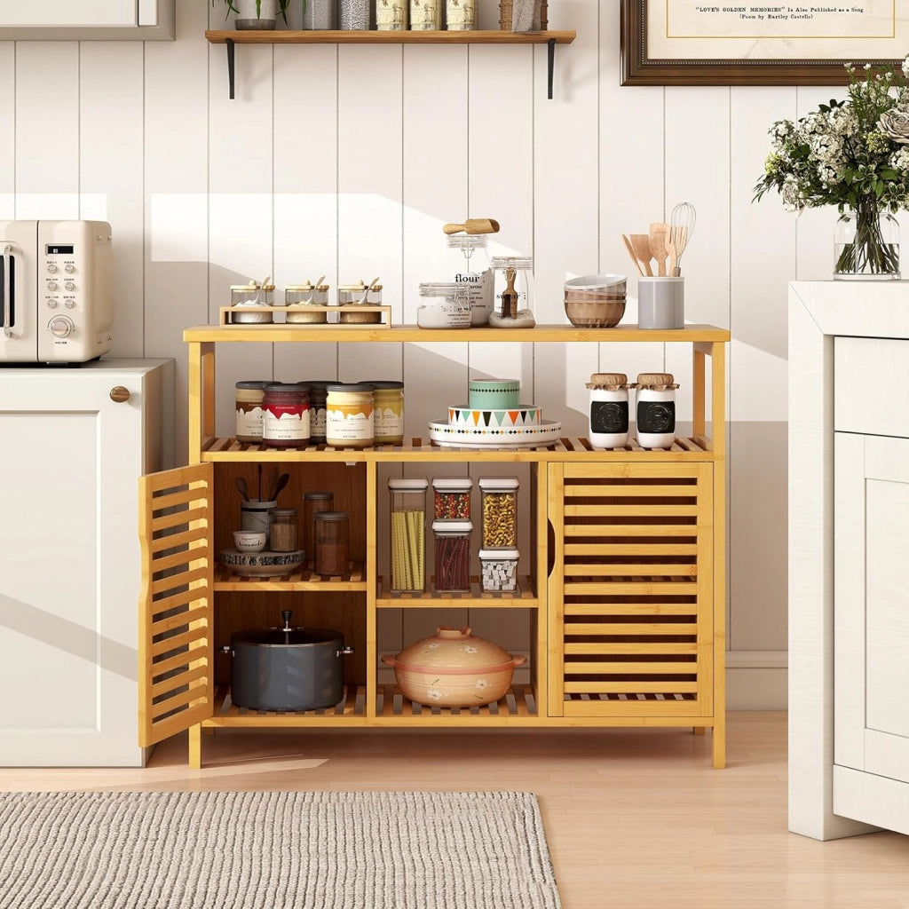 Armadietto da Bagno in Bambù, Organizzatore a 2 Ante con Scaffali, Unità di Stoccaggio Indipendente, Arredamento Domestico a Doghe per Soggiorno, Ingresso, Cucina e Sala da Pranzo