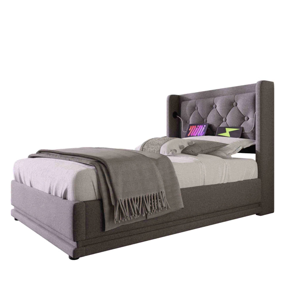Letto singolo imbottito 90x200 cm con contenitore; testiera con USB e LED; grigio in cotone