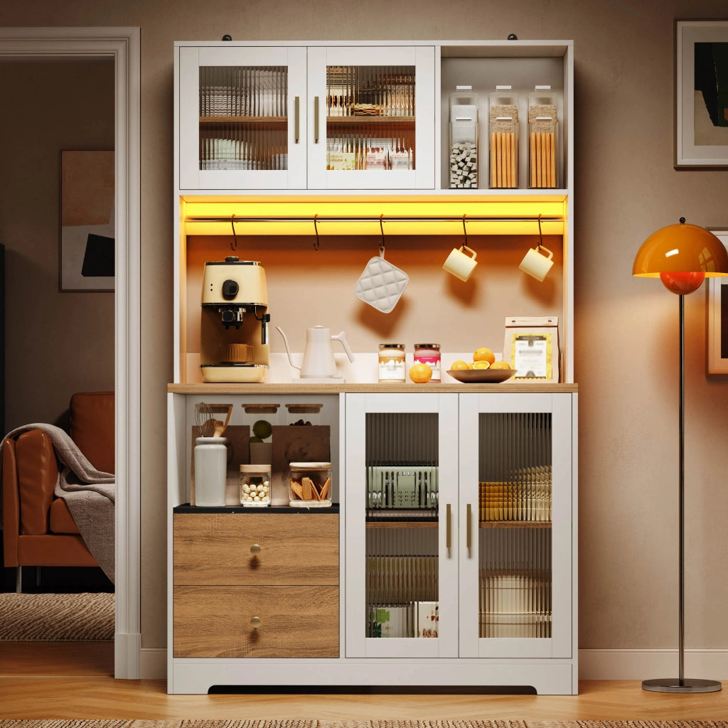 Credenza alta da cucina con LED, 4 ante in vetro temperato, prese e ripiani regolabili, per cucina, 110 × 40 × 178 cm