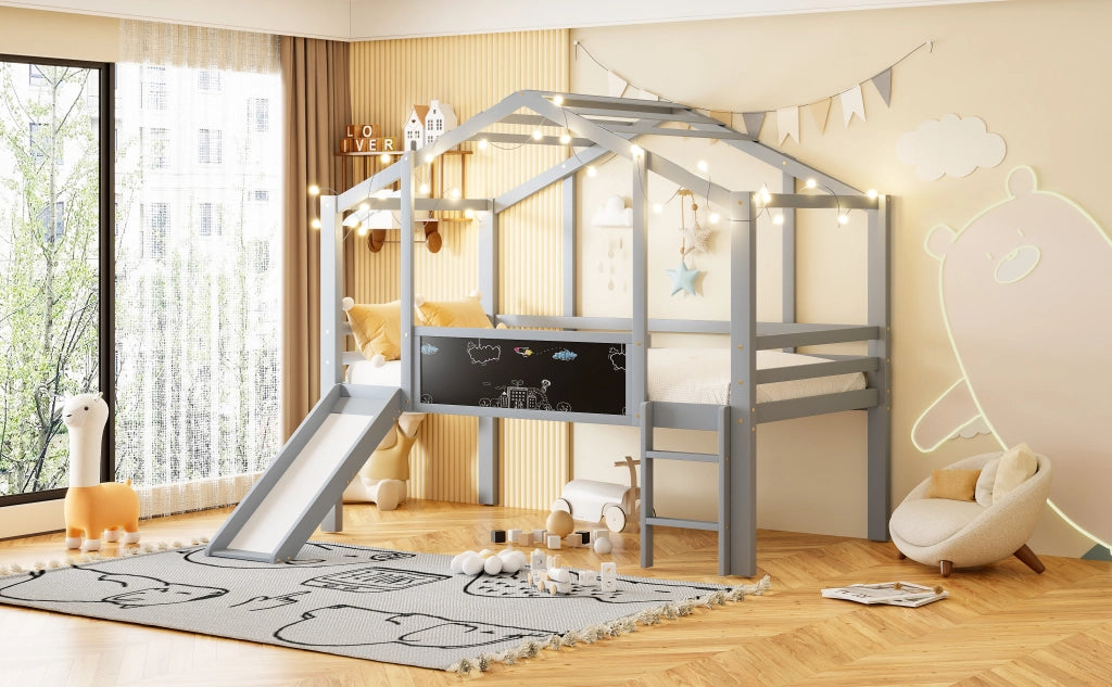 Letto a castello in legno massello grigio con scivolo e lavagna integrata 90x200 cm