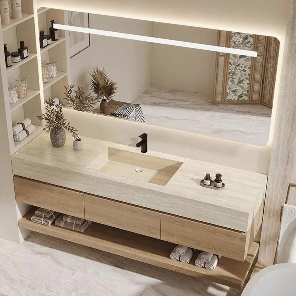 Set mobile bagno sospeso effetto travertino con lavabo in pietra sinterizzata e specchio foro per rubinetto 120×55 cm