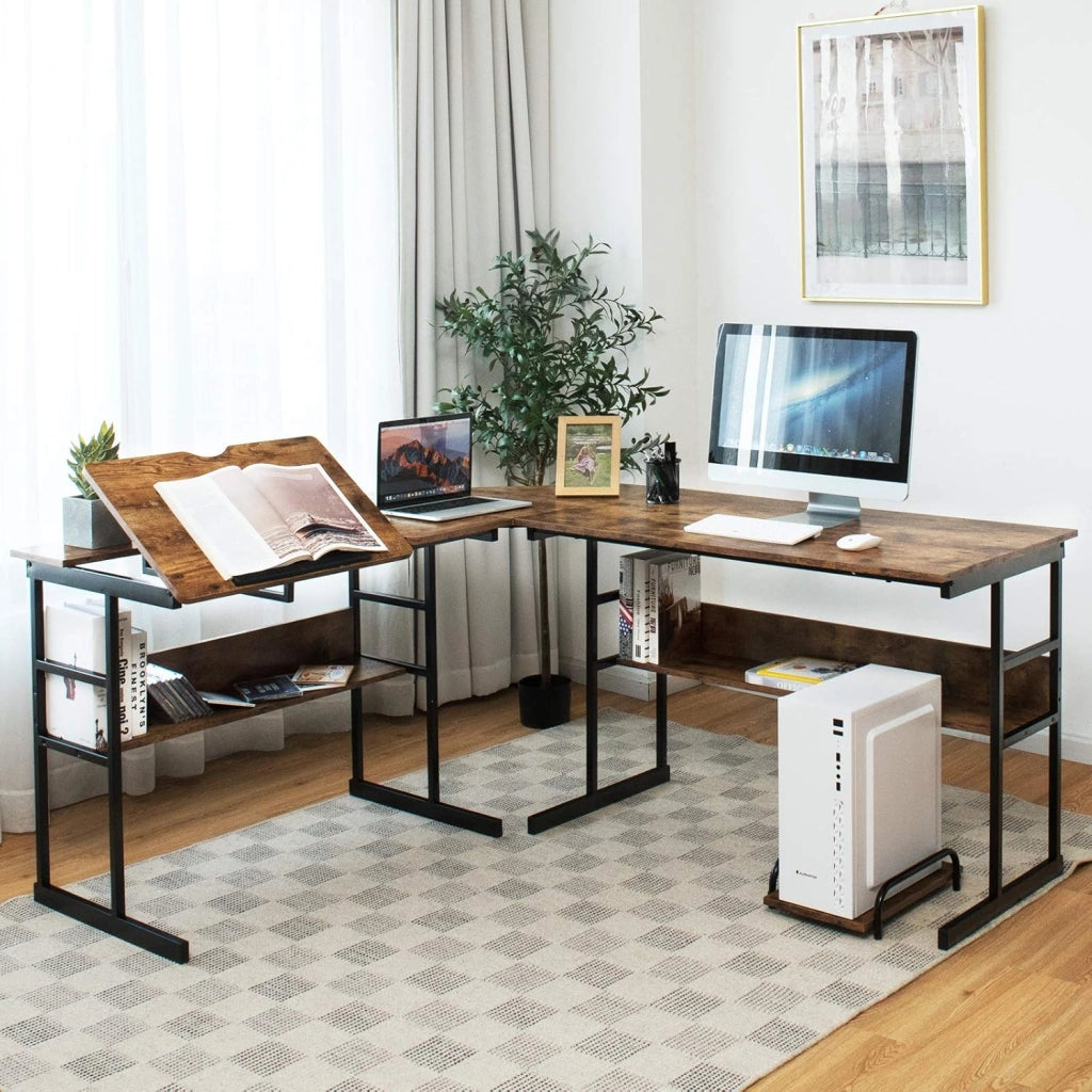 Scrivania Angolare 170 CM, Scrivania per Computer ad Angolo Moderna con Piano Inclinabile, Scaffale Inferiore e Supporto per CPU, Scrivania a Forma di L per Ufficio e Studio (Marrone)