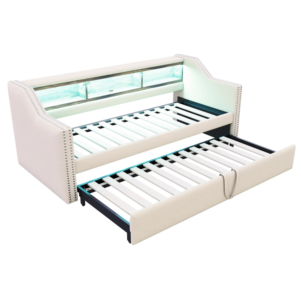 Divano letto estraibile imbottito 90/180x190 cm con USB, LED e vani laterali
