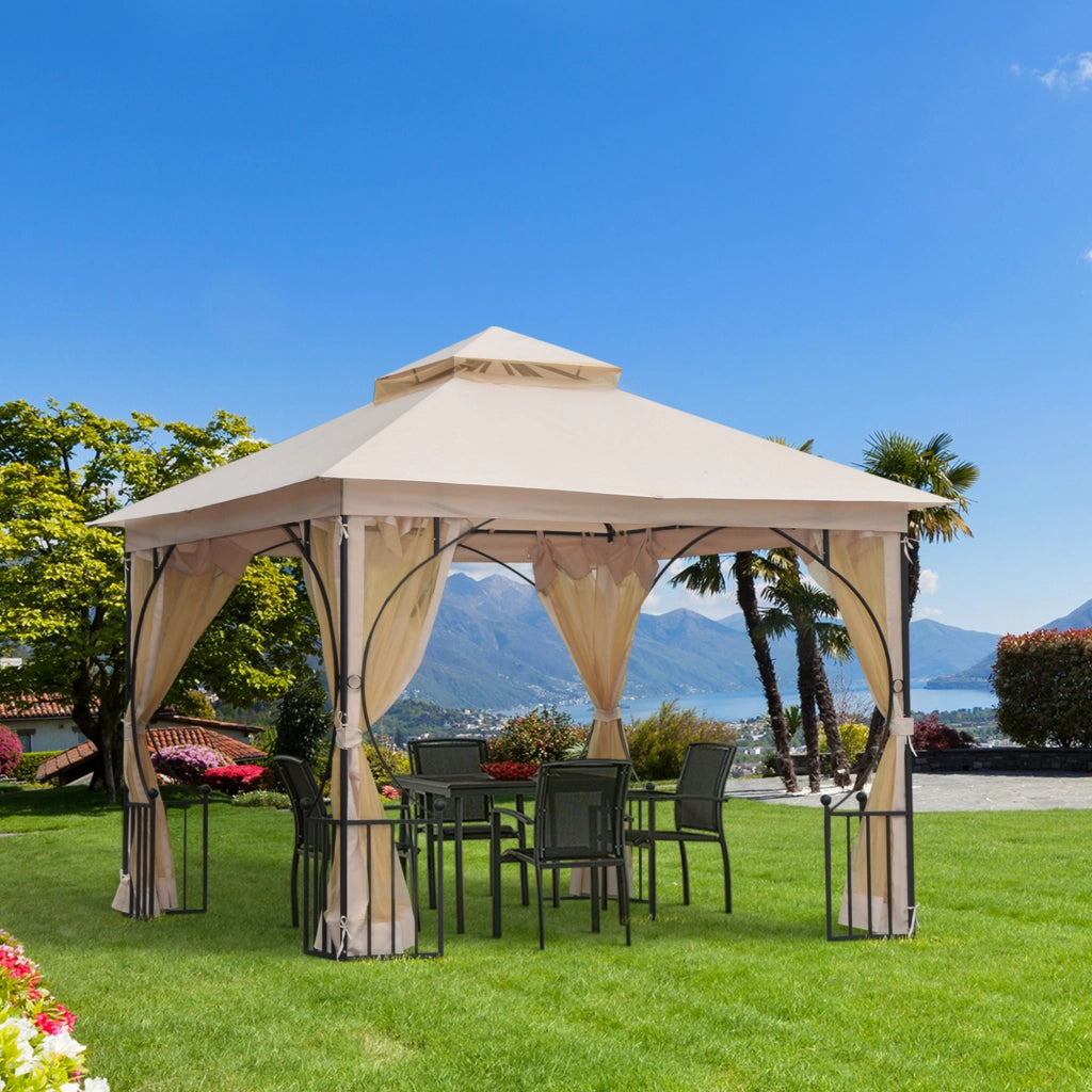 Gazebo da giardino 295x295x275 cm con doppio tetto, zanzariere laterali con zip e struttura in metallo beige