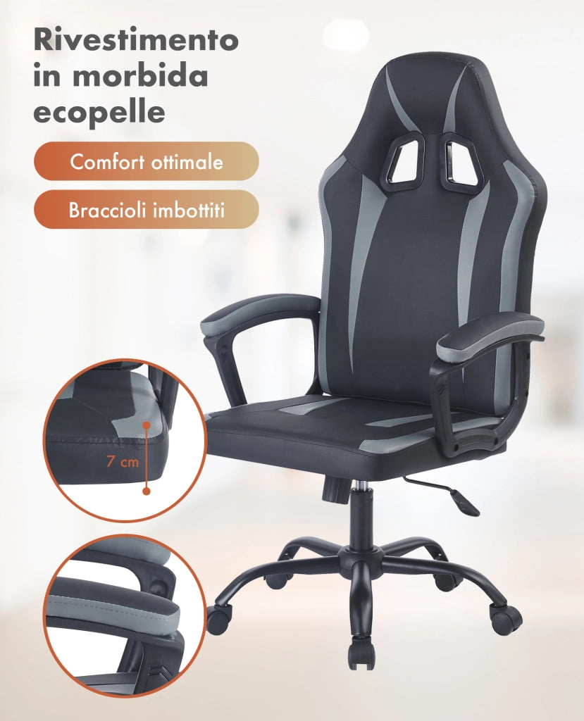 Sedia Gaming Adulto Professionale SimilPelle Reclinabile Con Braccioli Poltrona Ufficio Regolabile in Altezza Pistone Gas Gamer Portata 150 Kg Grigio