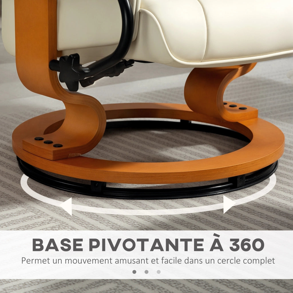 Poltrona relax reclinabile girevole in legno con poggiapiedi ¨C zephmum ¨C similpelle crema
