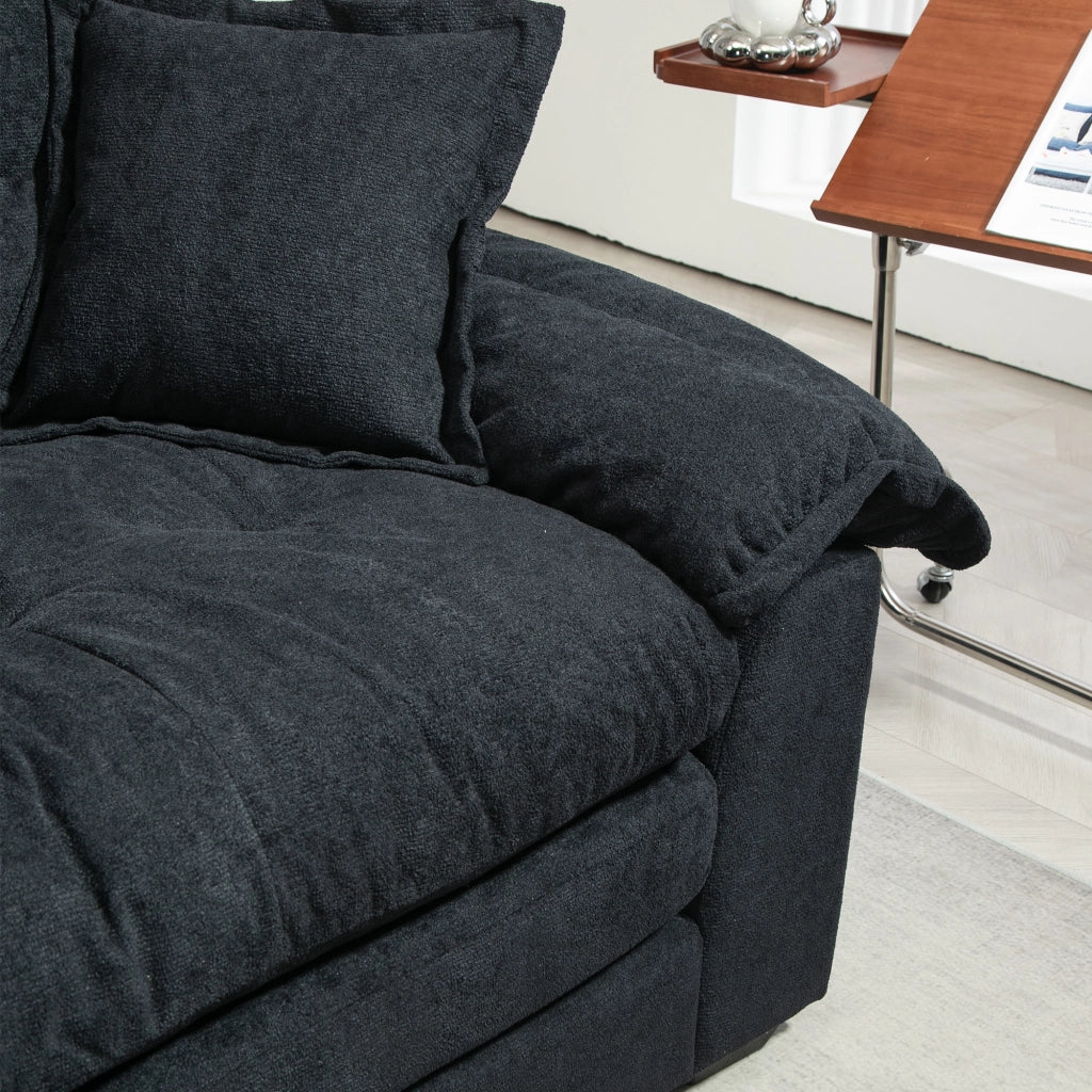 Set di divani 1 posto e 2 posti in cheniglia nera con sedute profonde memory foam e cuscini decorativi