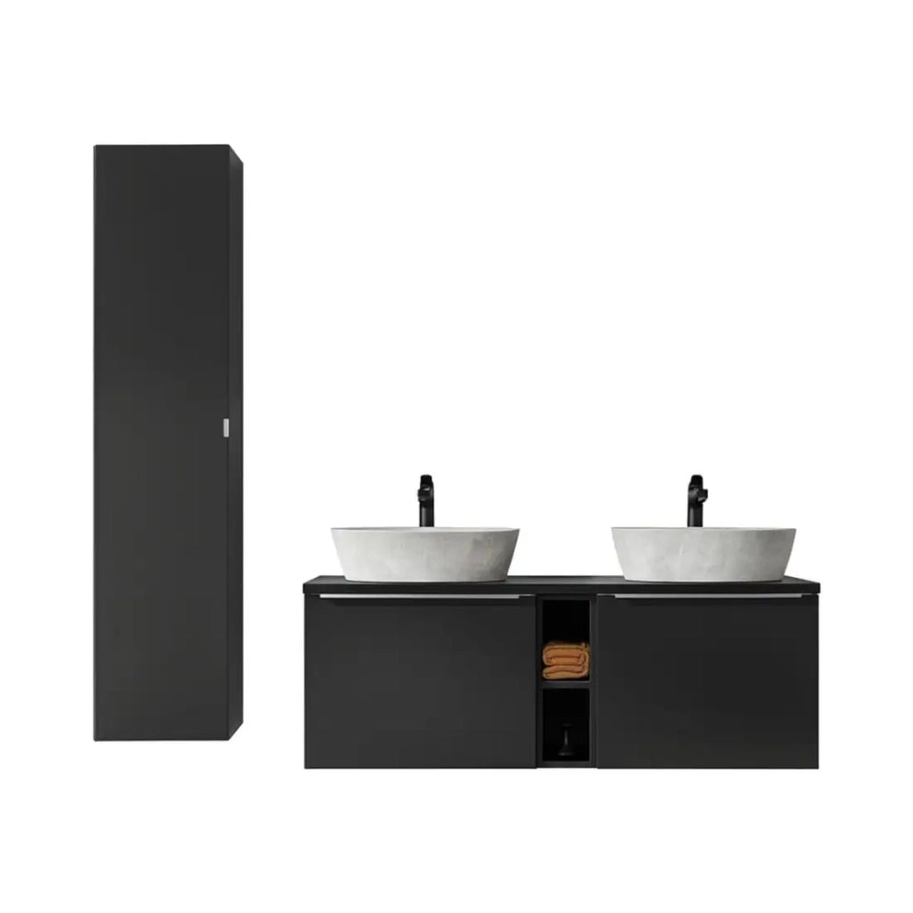 Set VANTA: mobile sottolavabo 140cm + piano per lavabo + 2 lavabi da appoggio + 1 colonna di stoccaggio + 2 specchi + 2 LED