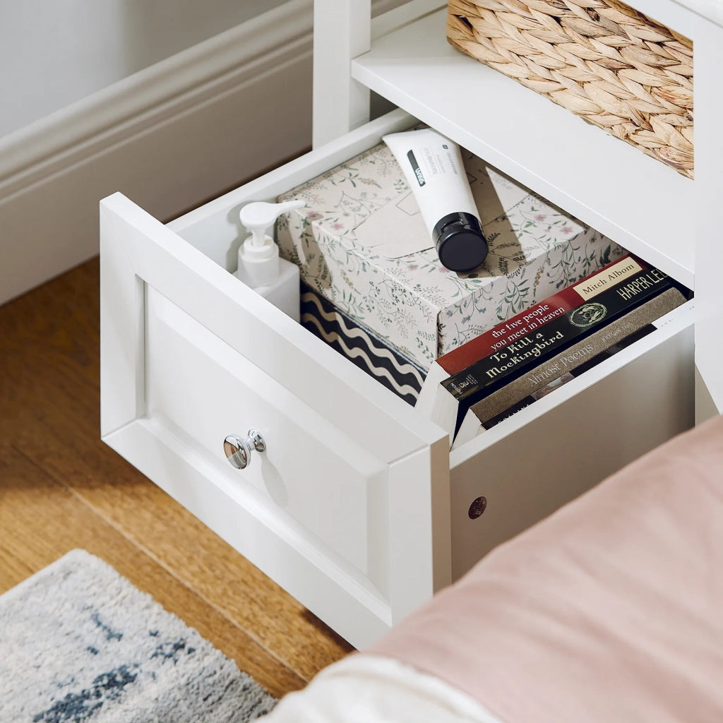 Comodino letto con 1 cassetto e un scomparto aperto Tavolino da salotto o soggiorno Tavolino telefono Bianco 45x35x60cm FBT131-W