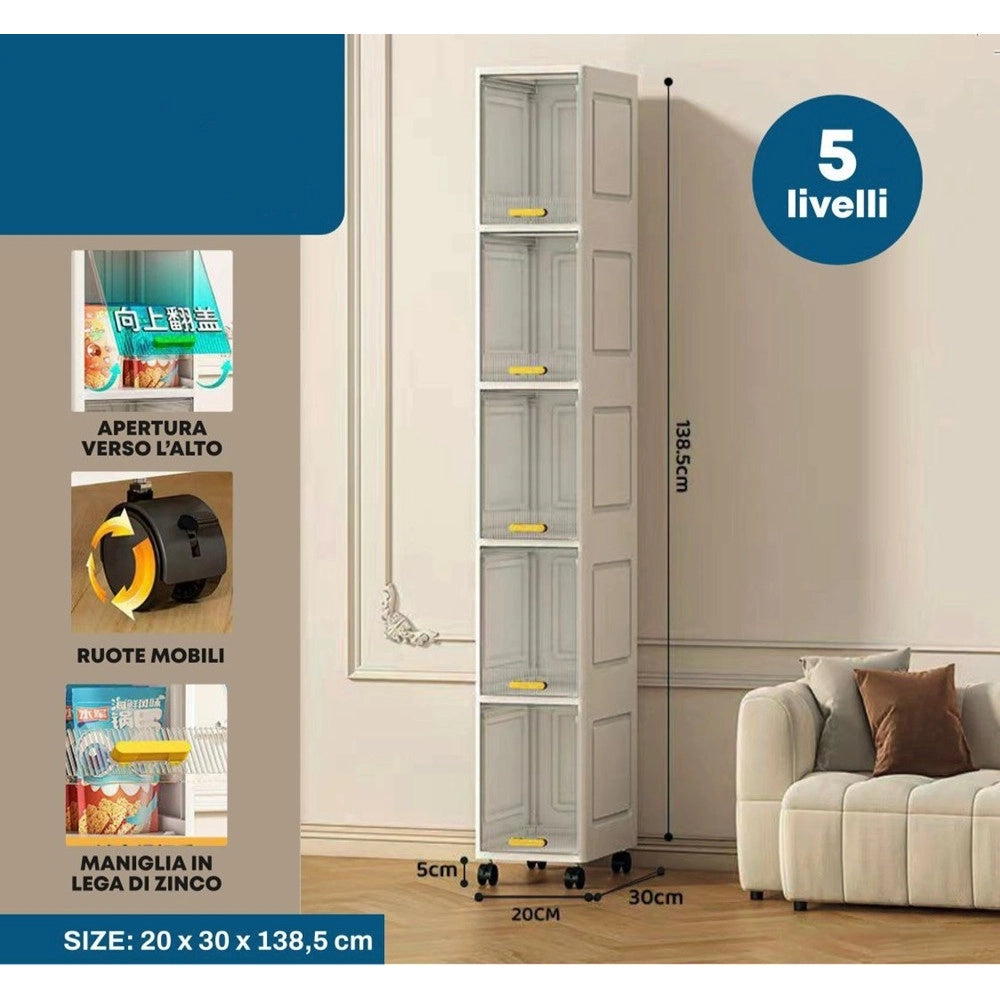 Trade Shop - Mobiletto A 5 Livelli Contenitore Portaoggetti Organizer A Colonna Stretto Con Ruote -