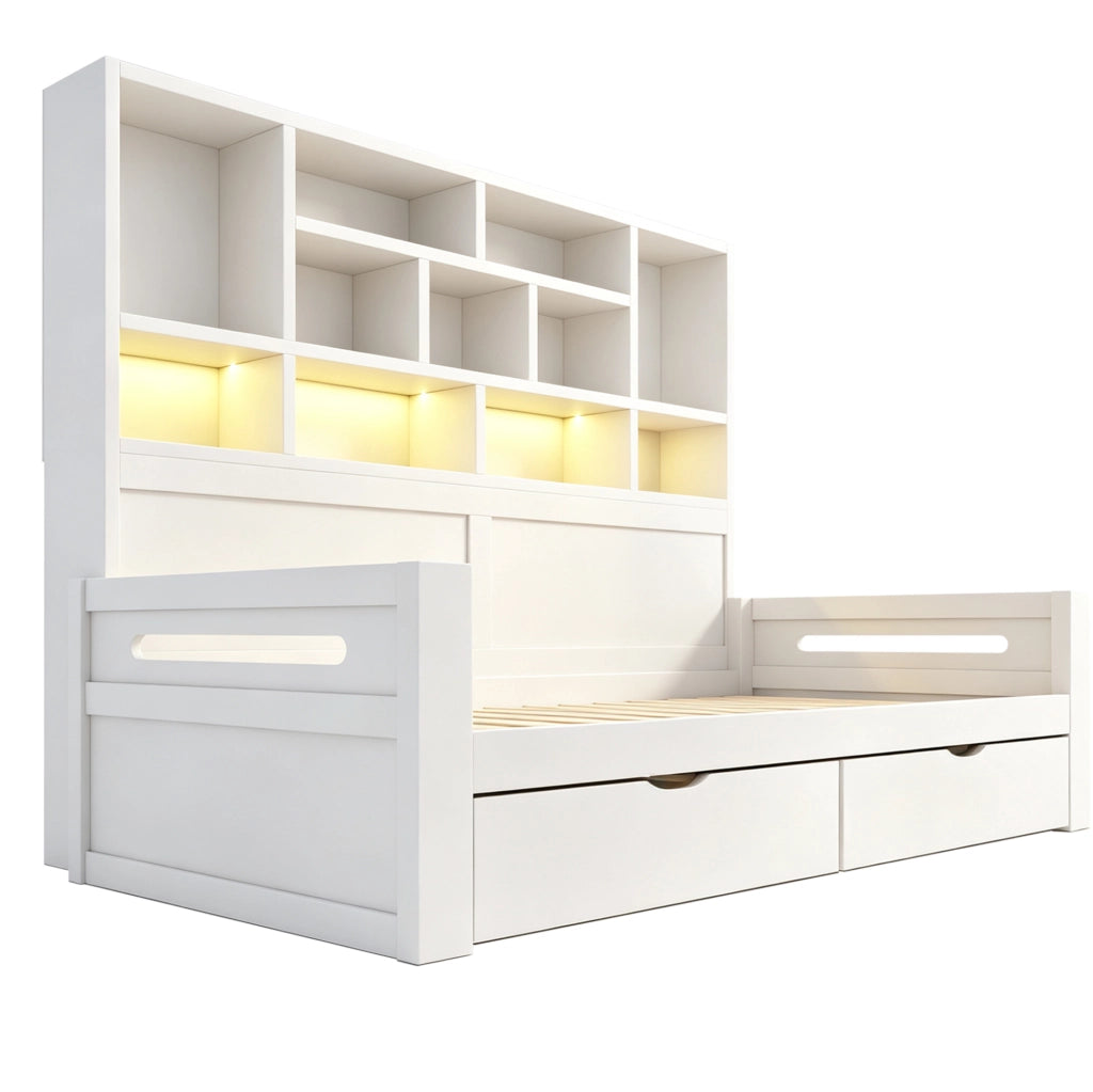 Letto multifunzione 90 x 200 cm con 2 cassetti; LED e prese; MDF bianco