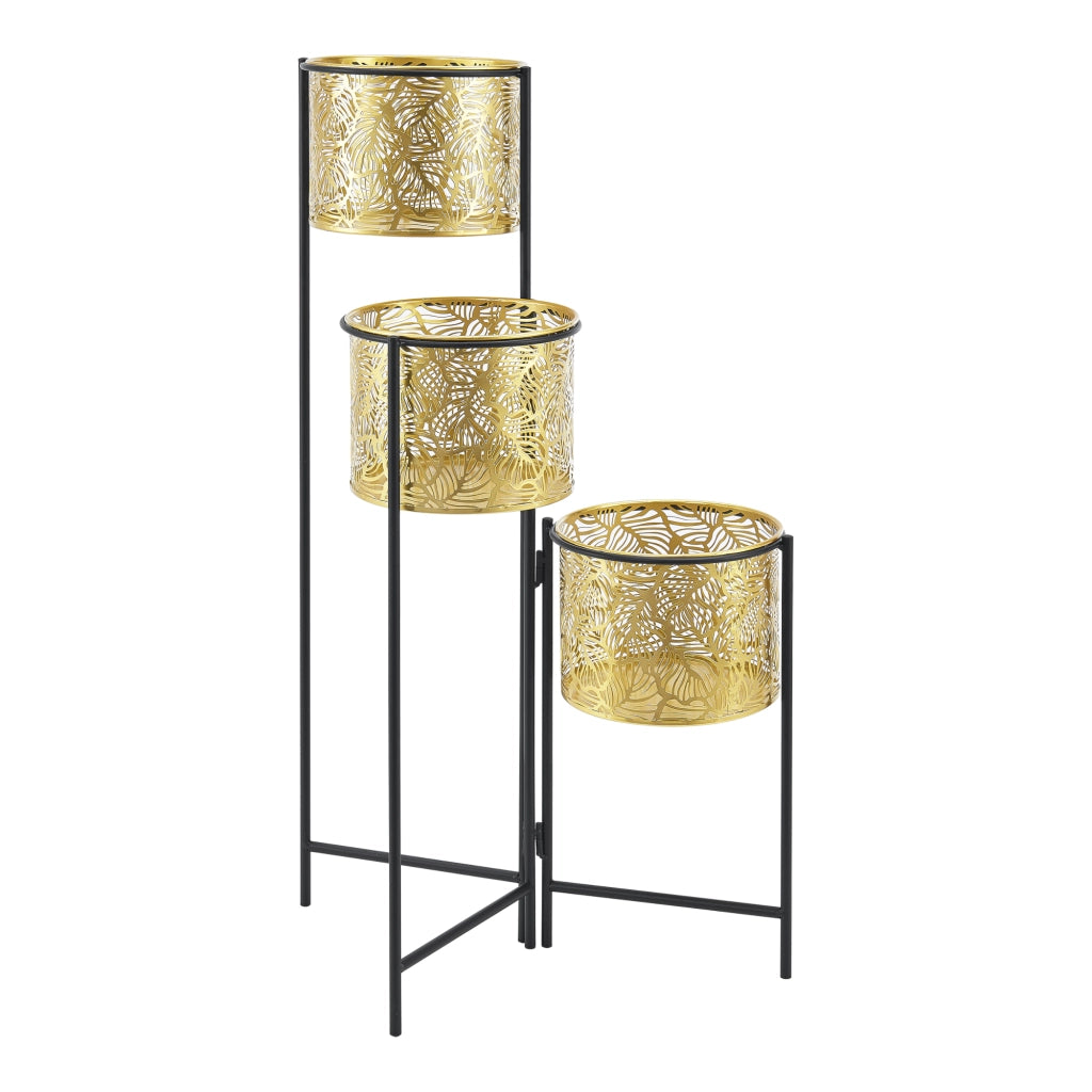 Porta Vasi da Interno Portapiante Stand per Piante con 3 Coprivasi Struttura Pieghevole Nero con 3 Porta Vasi Cilindrici in Altezze Diverse Color Ottone [en.casa]