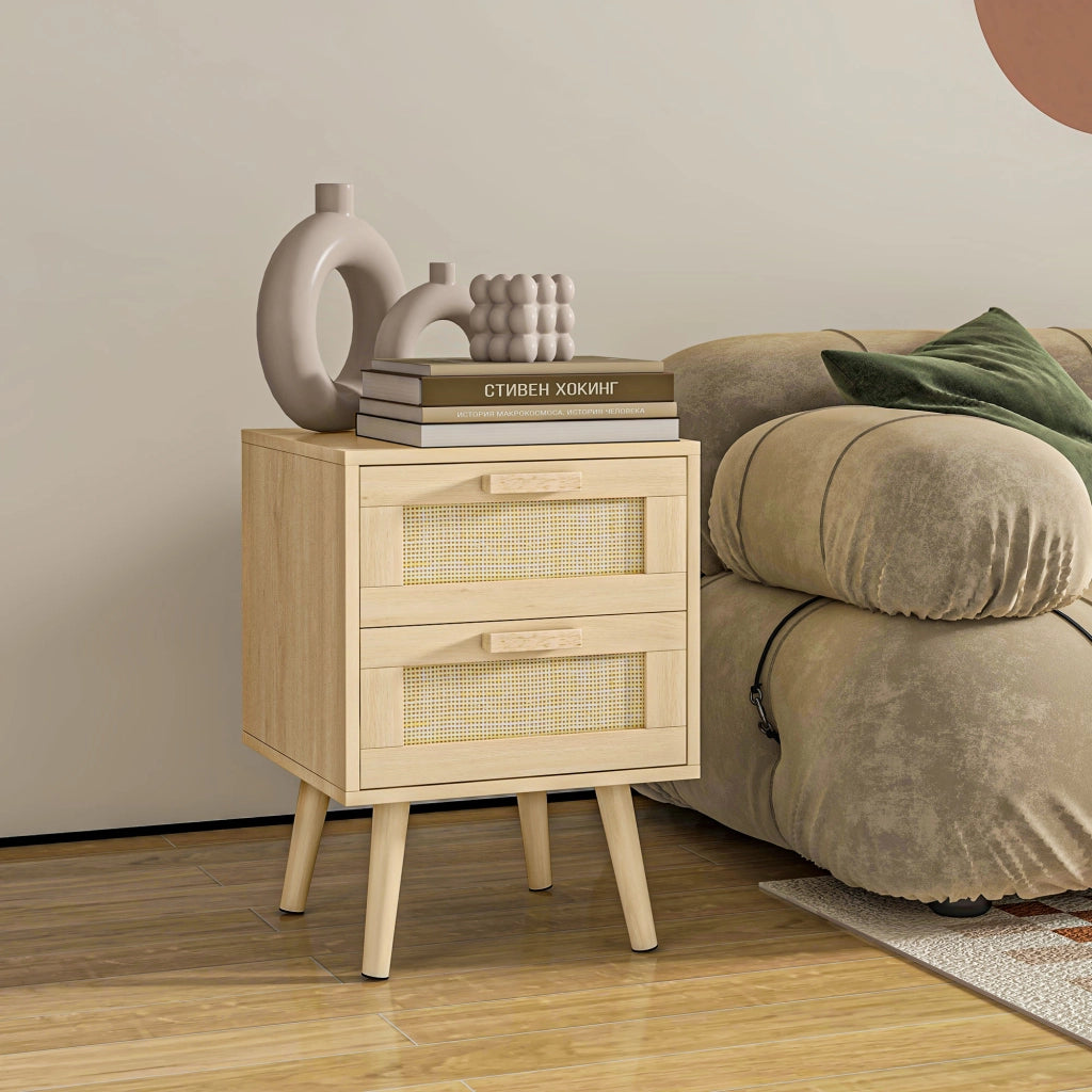 Comodino per Camera da Letto con 2 Cassetti in Stile Boho, 40x40x56cm, Colore Legno Naturale