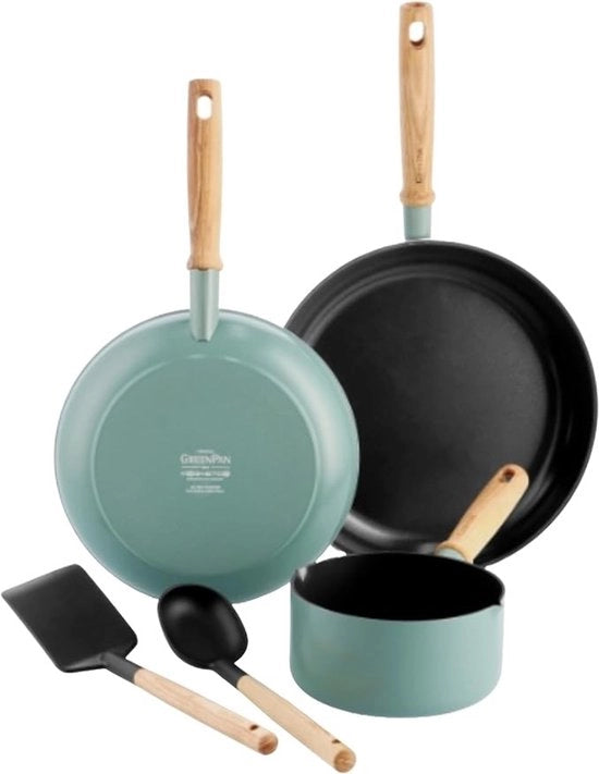 Set di pentole ceramica a 5 pezzi GreenPan Mayflower - rivestimento antifouling, maniglie in legno, compatibile con induzione