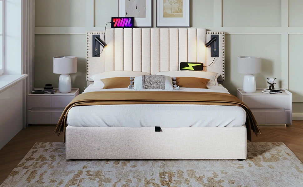 Letto matrimoniale imbottito 160x200 cm con cassone, luce da lettura e prese USB-C, testiera rivettata, cotone, beige
