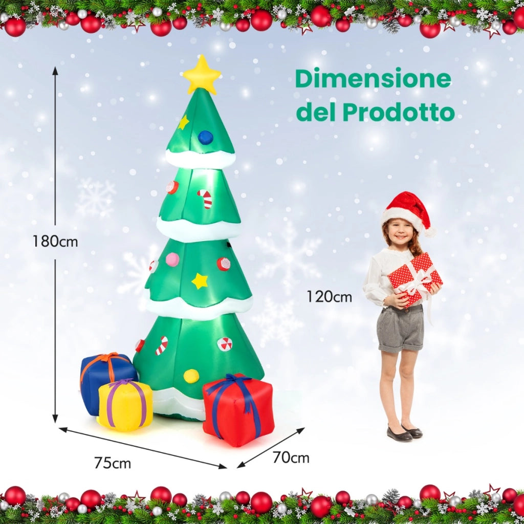 Albero di Natale gonfiabile da 180cm con 3 scatole regalo e luci LED, Decorazione festiva di Natale gonfiabile