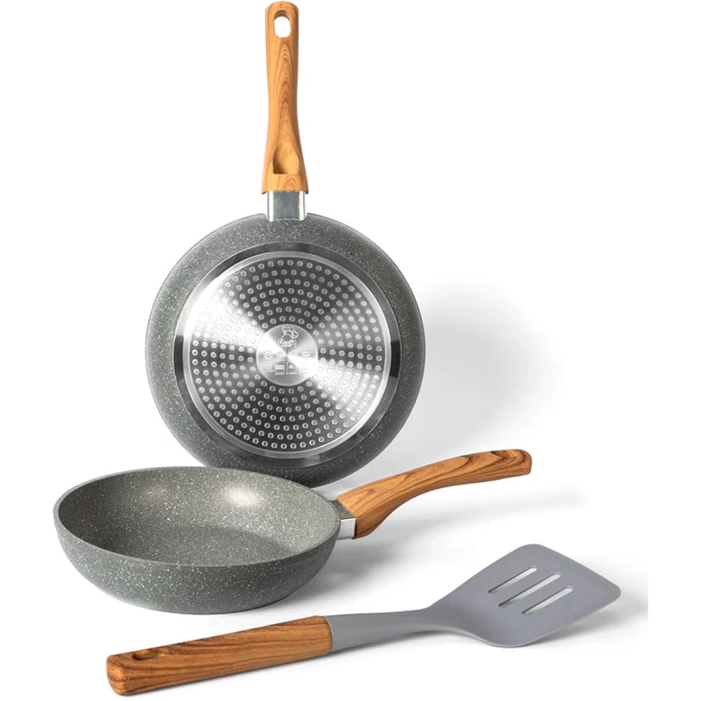 Set 2 Padelle Antiaderente con Spatola Impugnature in Legno per Tutti i Fornelli
