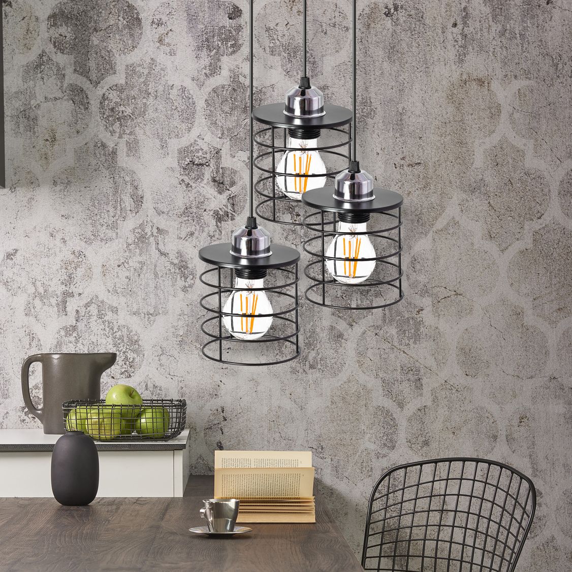 Lampada Da Soffitto Pensile Triplo Metallico Loft Nera 392204