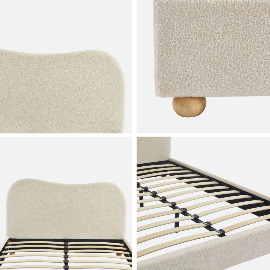 Letto con rete a doghe e testiera, bianco con finitura bouclé, bianco