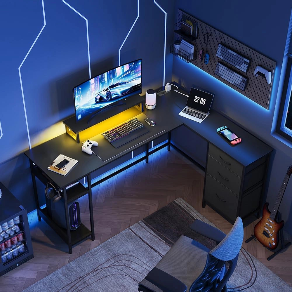 Scrivania da gaming angolare L ¨C zephmum ¨C nero, 150x118 cm, con cassetto, presa e USB