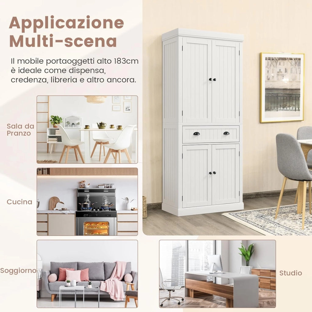 Credenza Alta per Cucina, Mobile da Cucina Moderno con 2 Ante e Cassetto, con Ripiani Regolabili, er Cucina, Sala da Pranzo e Soggiorno, 76 x 40 x 183 cm (Bianco)