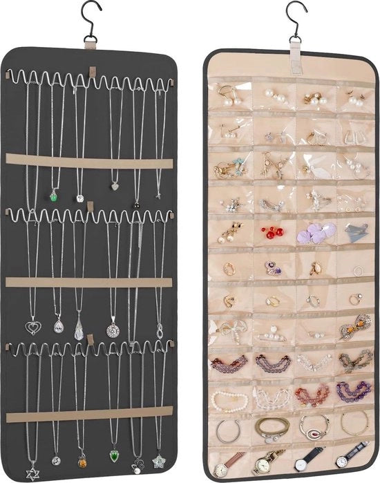 Organizzatore di accessori per orecchini - 48 cassette e 39 ganci - Doppio - Supporto parete/pendente - Supporto armadio/collare - Collare bracciale anello orecchini - 83 cm - Nero