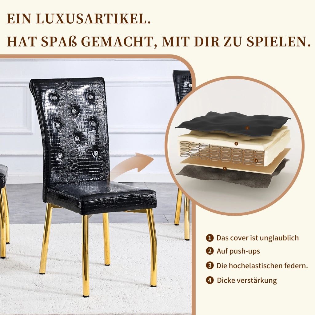 Set di 2 sedie da pranzo con design effetto coccodrillo e dettagli in cristallo in PVC nero e oro