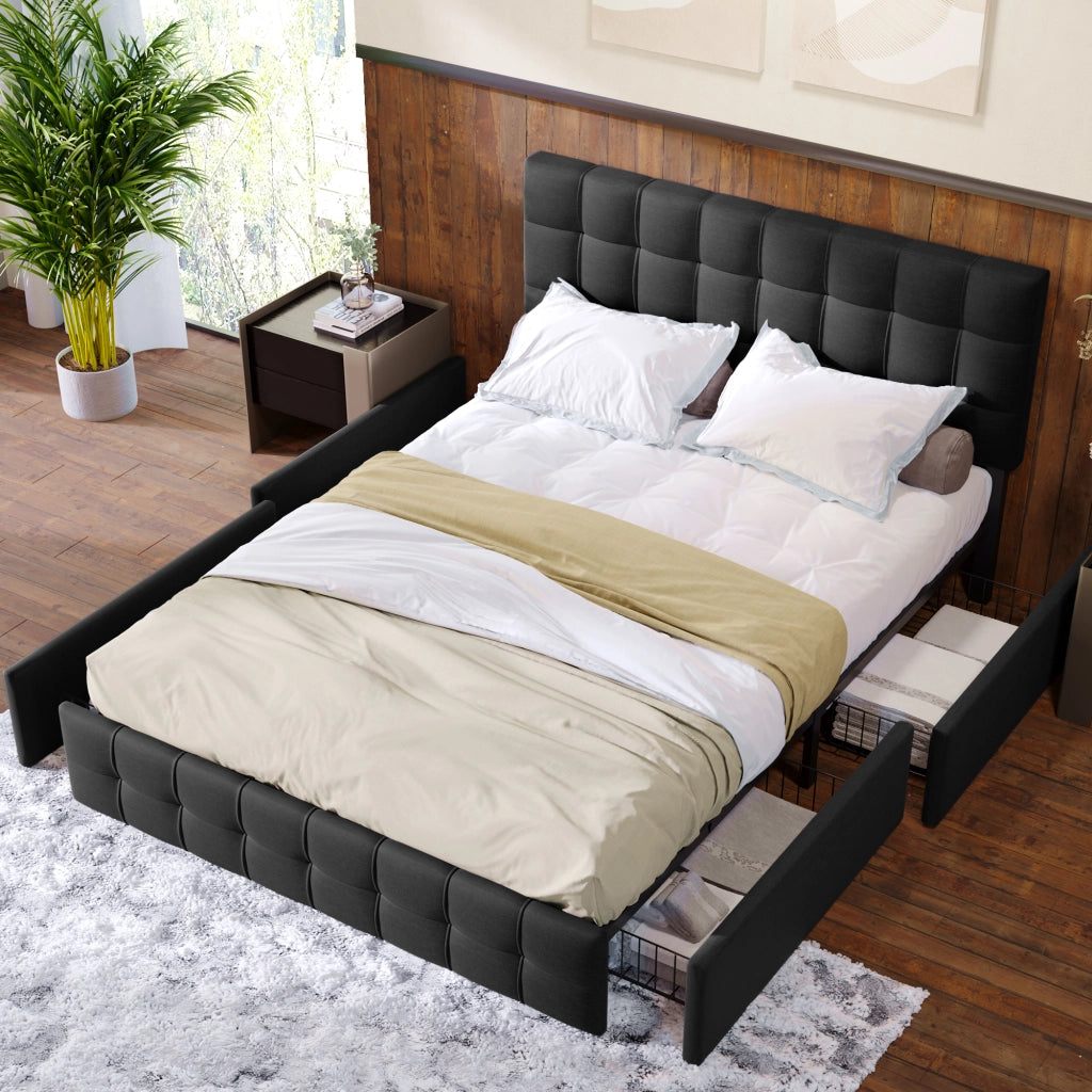 Letto matrimoniale imbottito con 4 cassetti, rete a doghe in acciaio e testiera regolabile 140x200 cm, nero