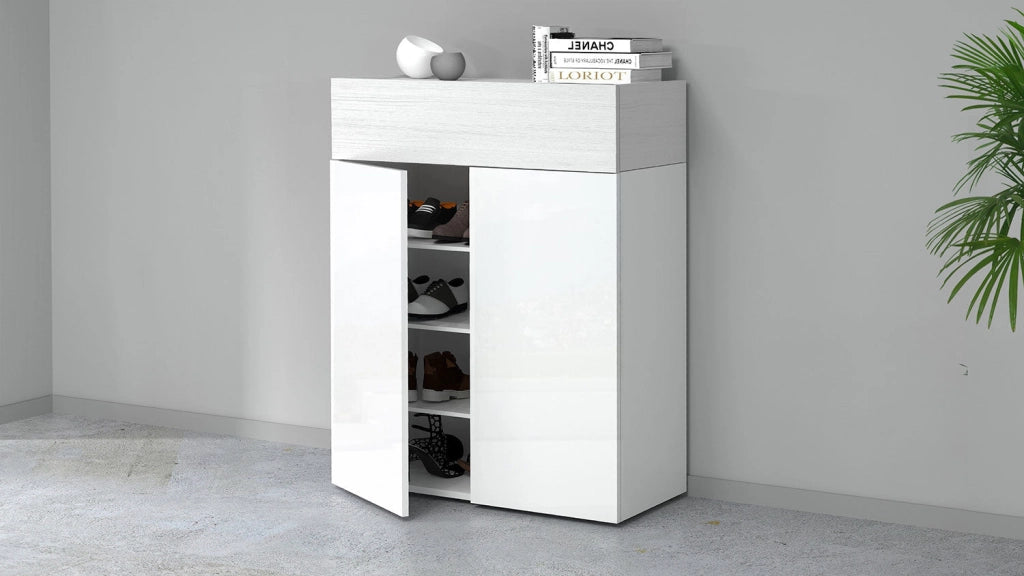 Scarpiera 2 Ante e 1 Ripiano a Ribalta 76x35x100 cm Savona 2A 1R Bianco Opaco/Larice Bianco
