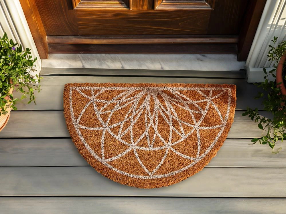 Zerbino in fibra di cocco naturale con supporto in PVC antiscivolo 40 x 60 cm, modello geometrico a forma di mezzo giro, decorazione moderna per interni.