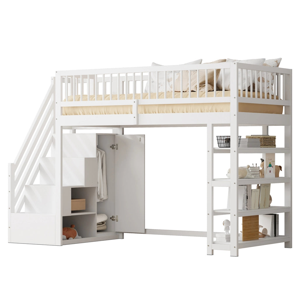 Letto a soppalco multifunzione 90x200 cm con armadio; ripiani e scala di sicurezza; bianco