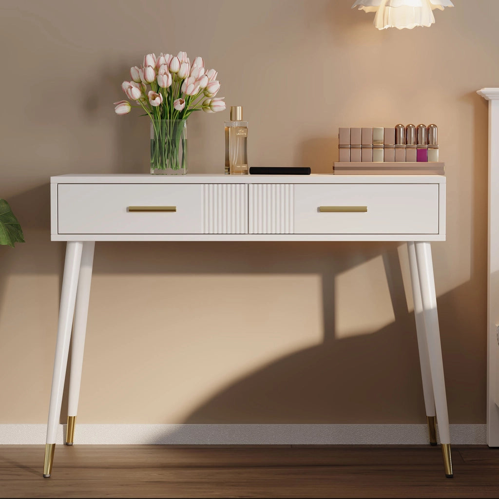 Toeletta con 2 cassetti e gambe in metallo; per camera da letto; 100×40×76 cm; bianco