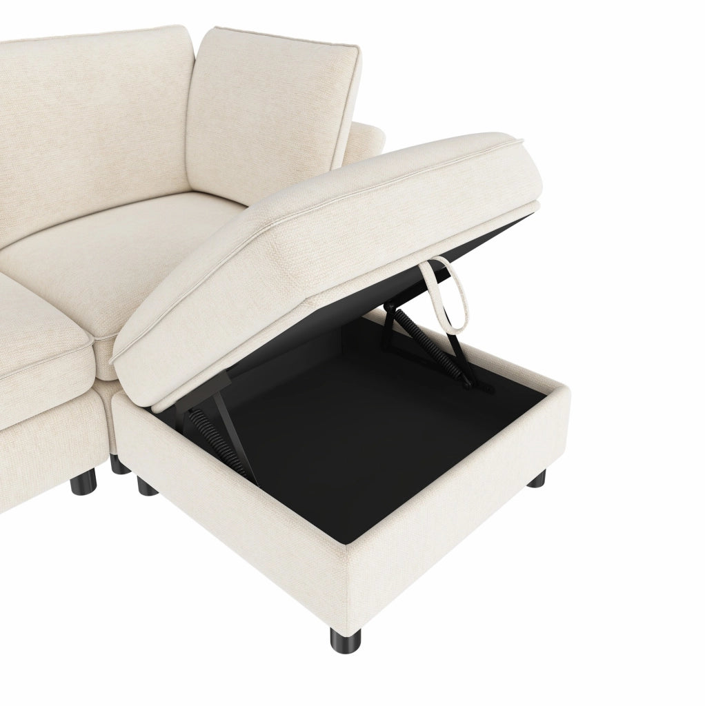Divano modulare a L con pouf contenitore, 4-5 posti, tessuto chenille, beige