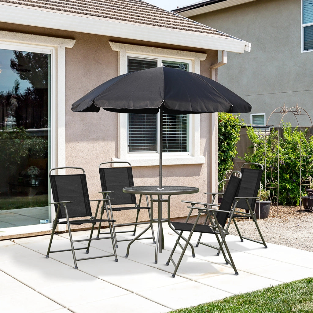 Set giardino 6 pezzi con tavolo rotondo, 4 sedie pieghevoli e ombrellone ¨C zephmum ¨C nero, metallo, tessuto