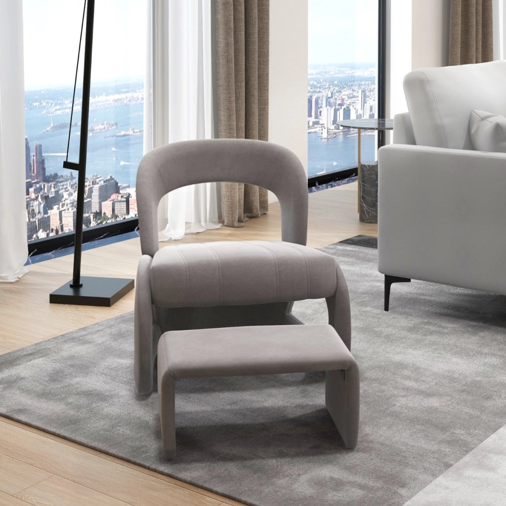 Poltrona con pouf schienale curvo aperto e seduta imbottita in spugna, Set di poltrona e pouf rivestiti in velluto Grigio-Sedie e poltrone
