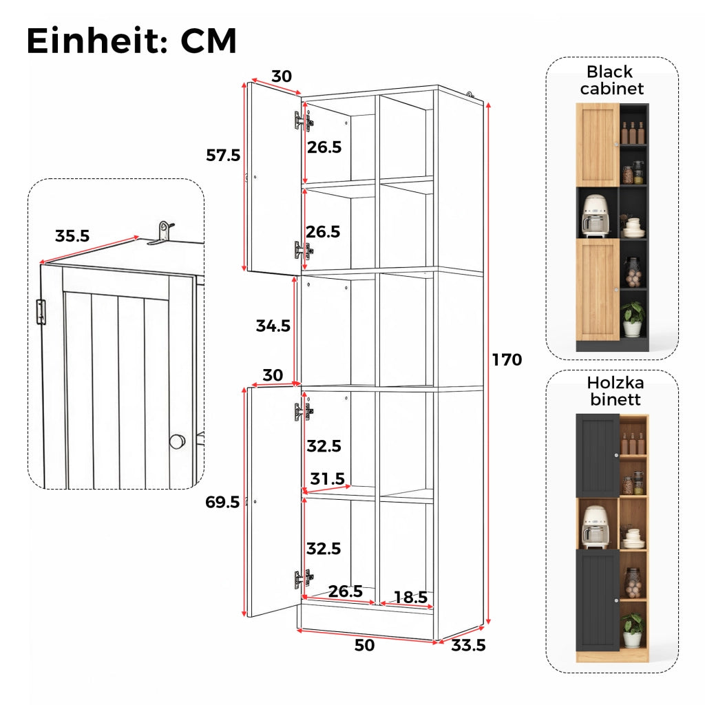 Mobile angolare alto con 6 ripiani aperti e 2 ante, scaffale salvaspazio per cucina e zona pranzo, 50×35,5×170 cm, antracite/effetto legno