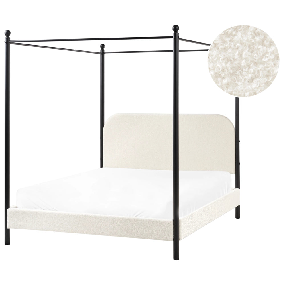 Letto a baldacchino in metallo nero con rivestimento in bouclé bianco sporco 140 x 200 cm EU Dimensioni doppie Retro Minimalista