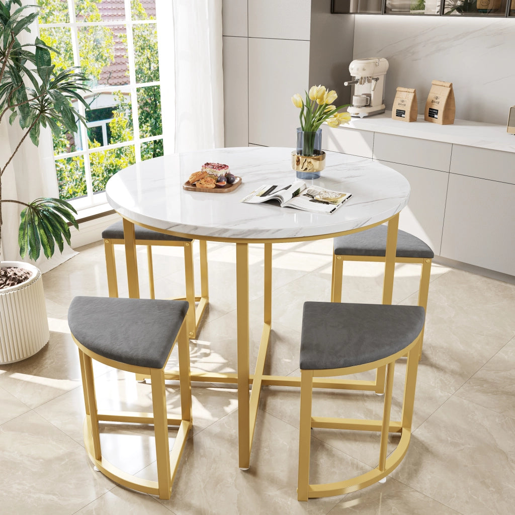 Set da pranzo rotondo 80 cm con 4 sedie; MDF; metallo; bianco e grigio