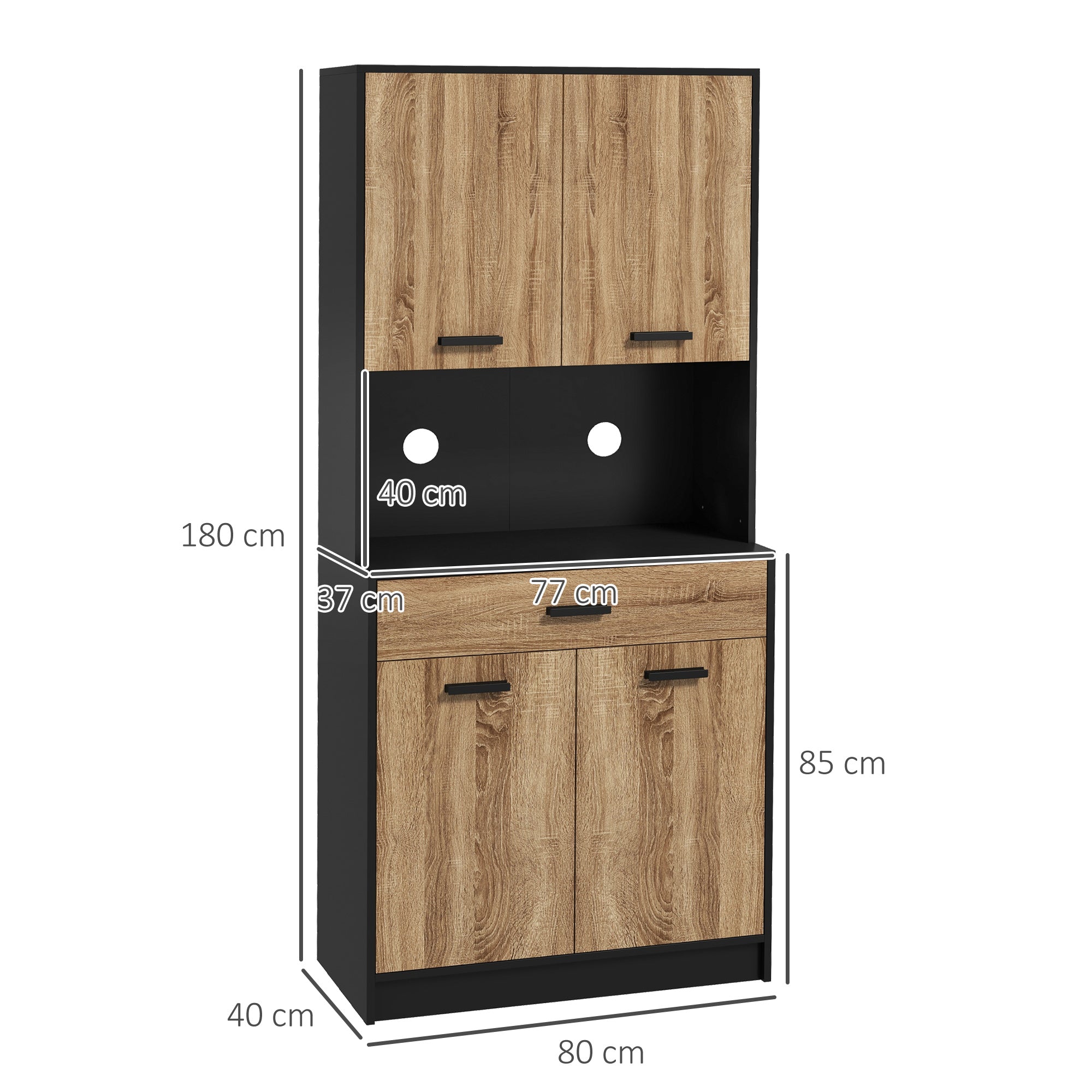 Credenza Cucina 80x40x180 cm con 2 Armadietti a 2 Ante e Cassetto in Legno Nero e color Legno