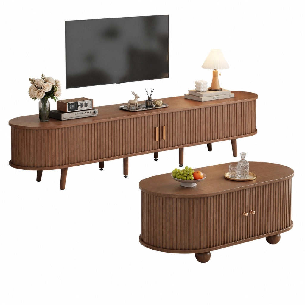 Set mobile TV e tavolino da caffè in MDF color noce, 2 pezzi