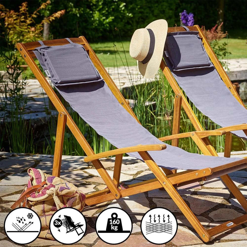 ® Sedia a Sdraio in Legno Acacia Pieghevole con Poggiatesta Traspirante Poltrona Relax Sedie Esterno Giardino