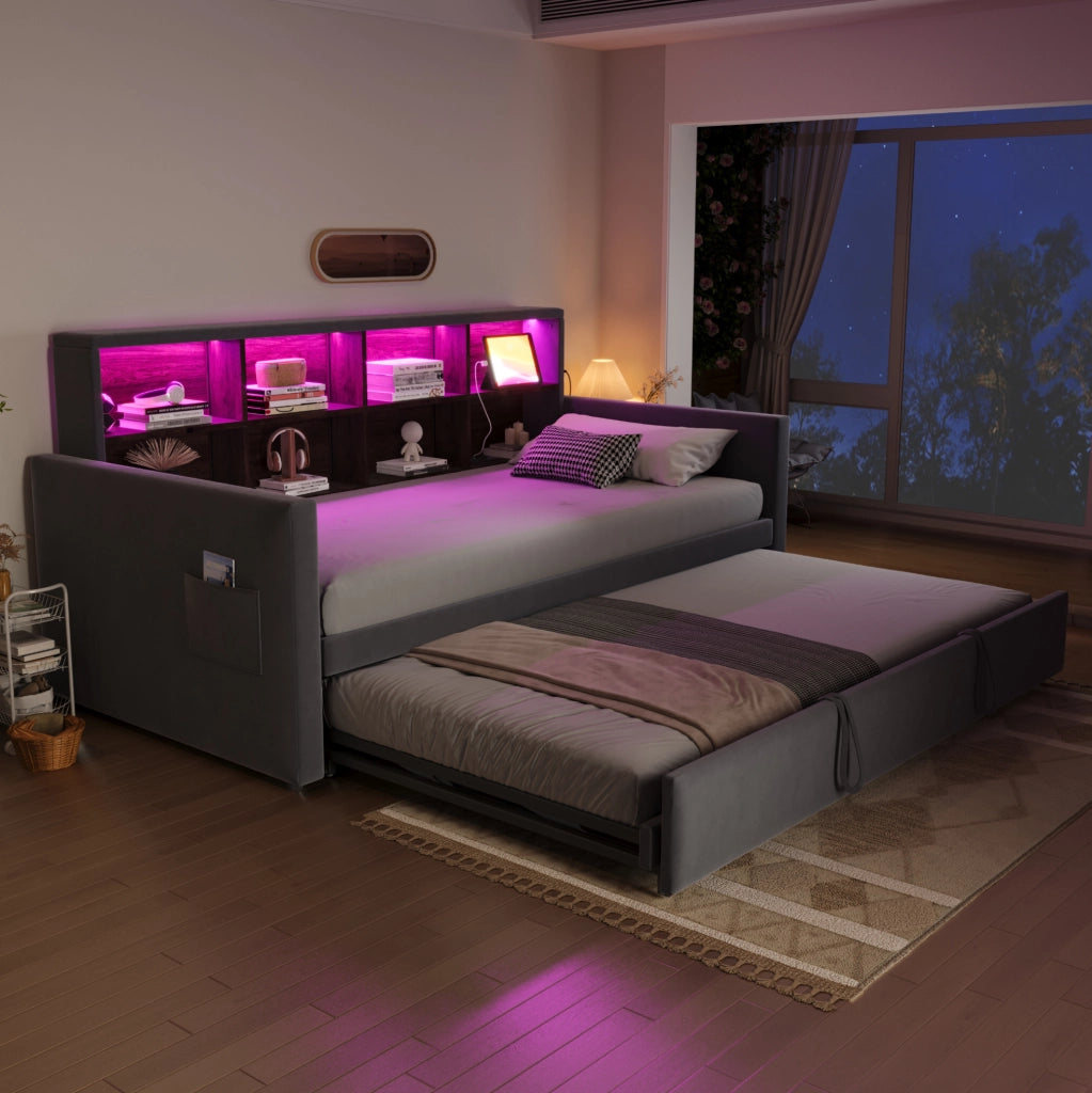 Divano letto imbottito 90x190 cm con letto estraibile; LED; prese USB/Type-C; velluto grigio