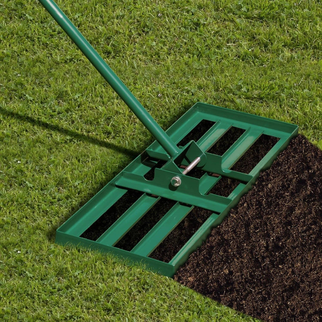 Rastrello Livellatore per Prato 170 cm, Raschietto Livellatore in Metallo Robusto con Manico Lungo e Spesso, Livellatrice per Terreno, Ghiaia, Orto ed Erbacce da Giardino (75 x 25 cm, Verde)