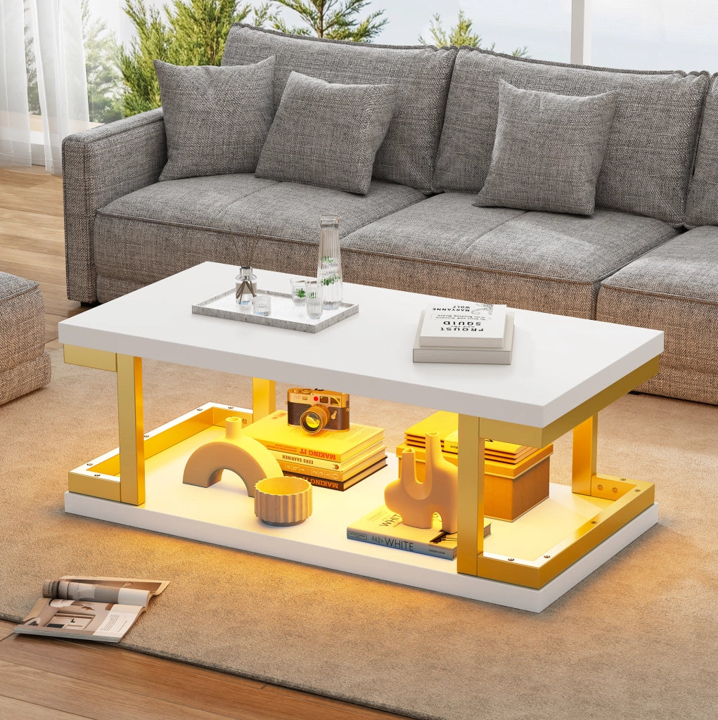 Tavolino da caffè rettangolare 100x50x37;5 cm bianco e oro con LED; MDF e metallo